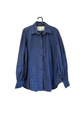 Tish Cox Navy Swiss Dot Balloon Long Sleeve Button Shirt Womens Size Large
